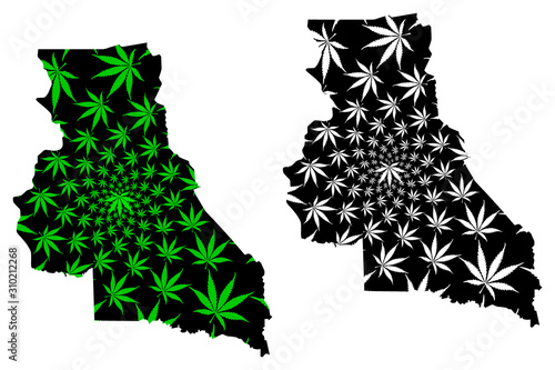 East Region (Regions of Cameroon, Republic of Cameroon) map is designed cannabis leaf green and black, East map made of marijuana (marihuana,THC) foliage.... photo