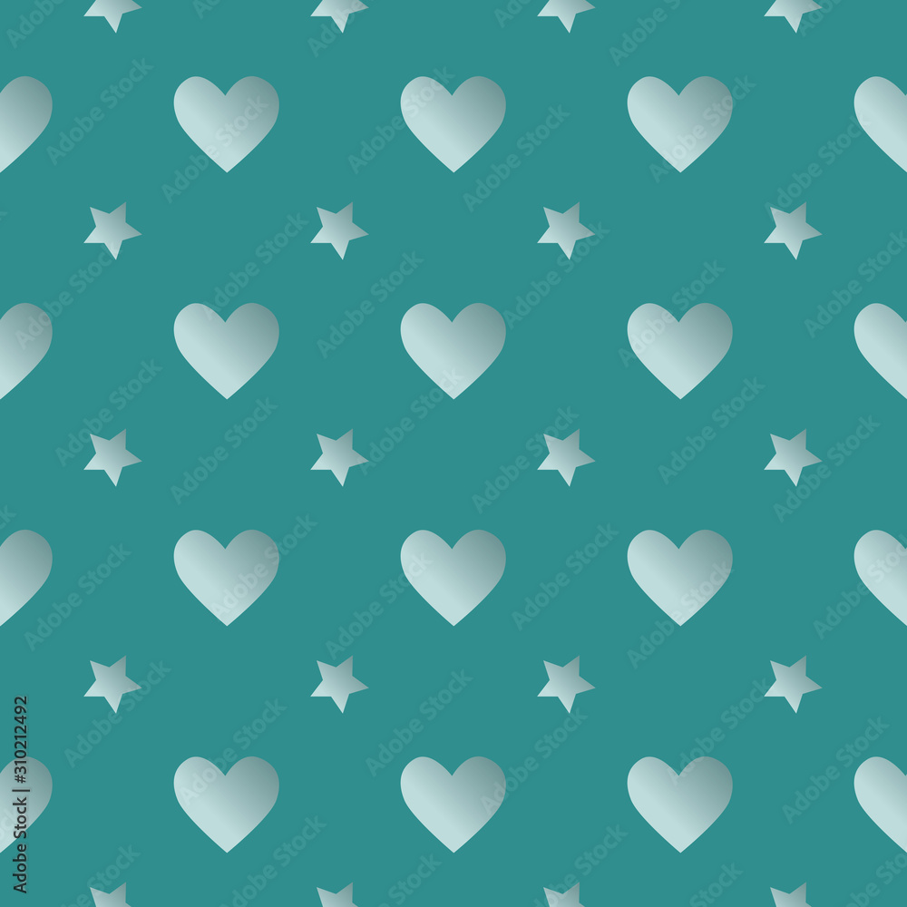Sweet seamless pattern with gradient stars and hearts on the green blue background. Cute romantic ornament for cards, banners, invitation, scrapbook, wrapping paper, packaging. Vector illustration