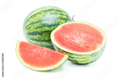 watermelon ripe cut half and slice isolated on white background with clipping path