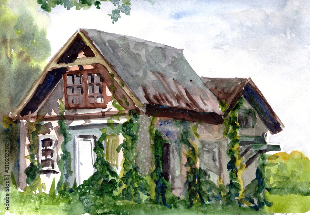 Fototapeta premium watercolor wooden village house among greenery Latvia