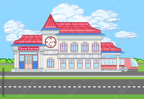 Colored train station building near the road with shrubs and clouds. Vector illustration in flat style with outlined stroke. Municipal city life banner. Modern transit rail point with railway carriage