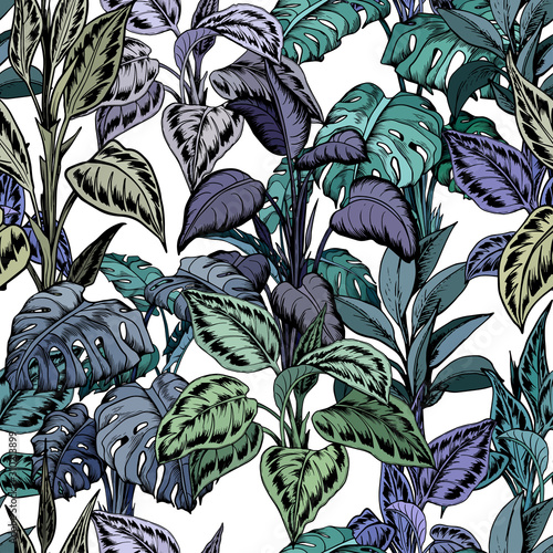 Seamless pattern with ornamental topical plants. Hand drawn vector illustration on white background.
