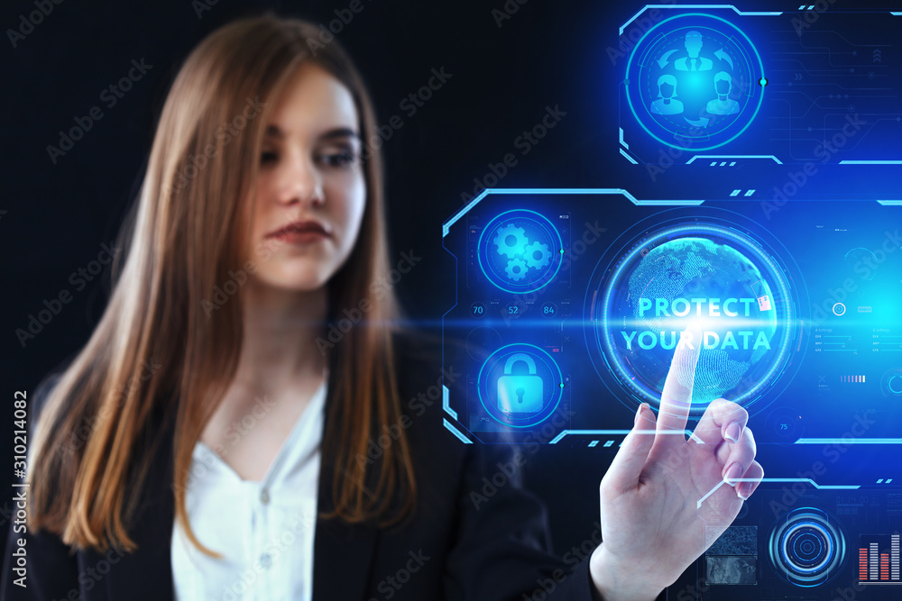 Business, Technology, Internet and network concept. Young businessman working on a virtual screen of the future and sees the inscription: Protect your data Business, Technology, Internet and network concept. Young businessman working on a virtual screen of the future and sees the inscription: Protect your data