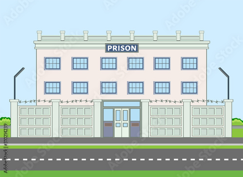 Colored prison building near the road with enclosure and barbed wire. Vector illustration in flat style with outlined stroke. Municipal city life banner. Gendarmerie area with protection barrier