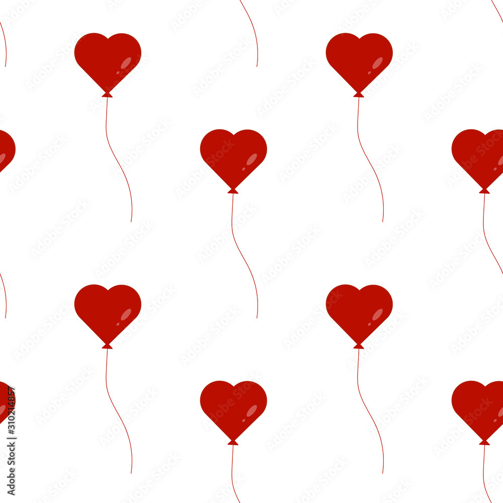 This is seamless pattern texture of red hearts balloons, ribbons, envelopes on white background. Wrapping paper.
