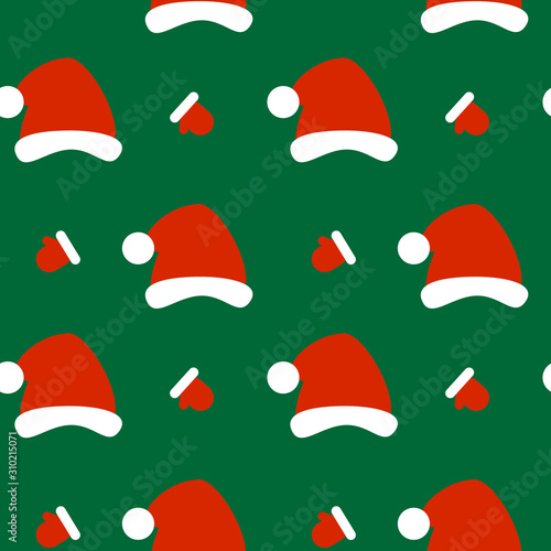 This is seamless pattern texture of Santa’s Claus hat and gloves on green background. Cartoon illustration. Wrapping paper.