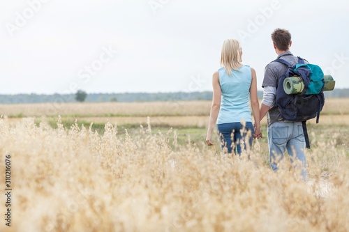 Rear view of young hiking couple walking through field