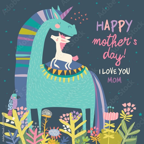 Cute Small Unicorn with Mom . Mothers Day