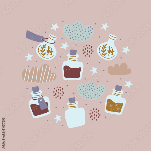 Circle illustration  colorful magic potion bottles
