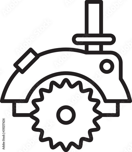 Black line Electric circular saw with steel toothed disc icon isolated on white background. Electric hand tool for cutting wood or metal. Vector Illustration