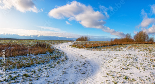 The first snow in fields white the road.