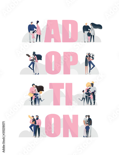 Adoption vector illustration. Family couples and single people with foster kids. Non traditional family homosexual couples male, female. Multinational families.
