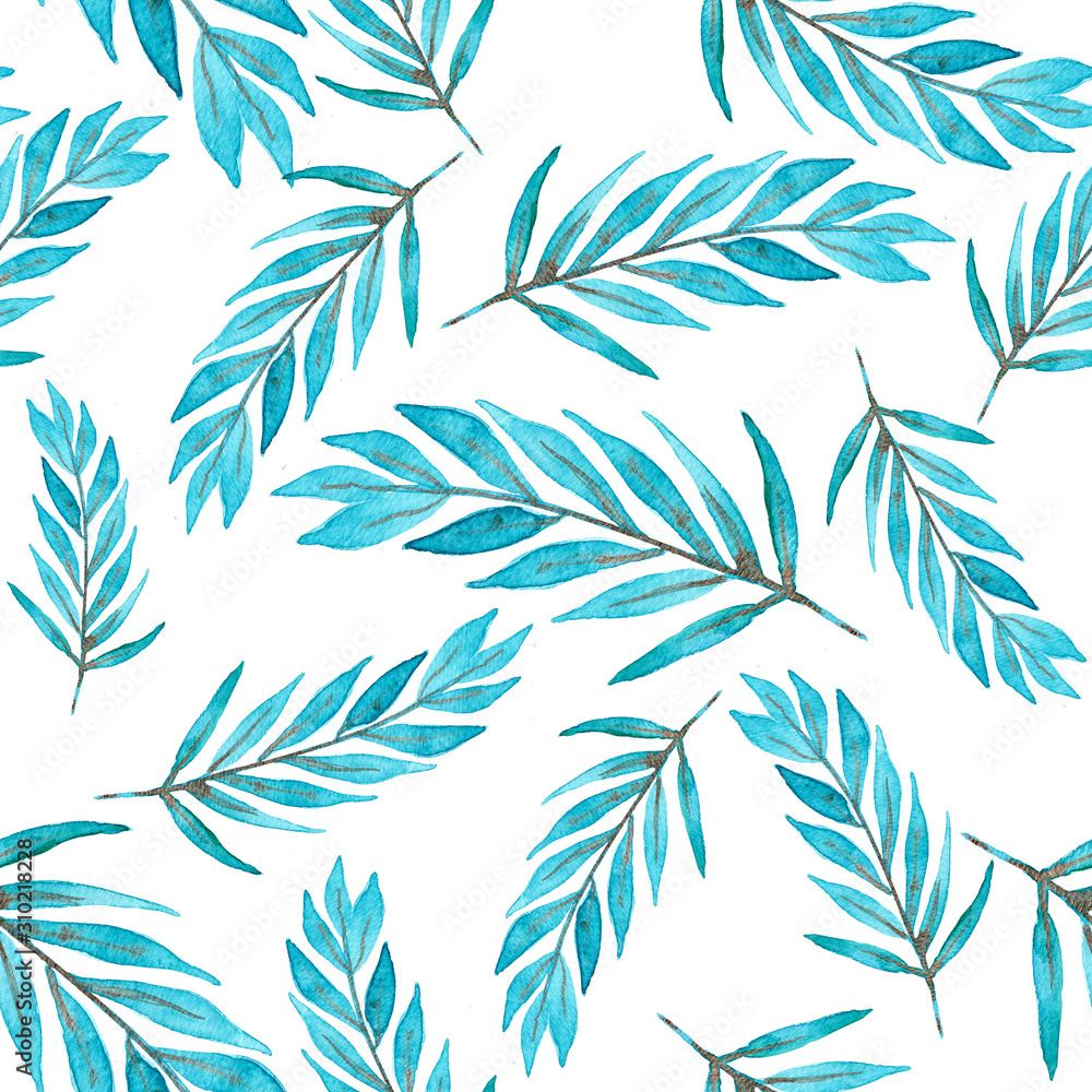 Fototapeta premium Seamless pattern with watercolor hand drawn blue greeneery with gold.