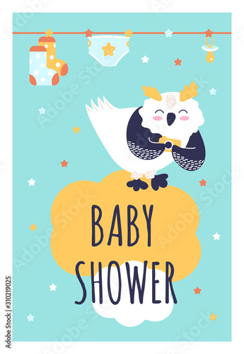 Cute funny owl with different childish elements. Design template card for baby shower. Poster for the kids birthday.