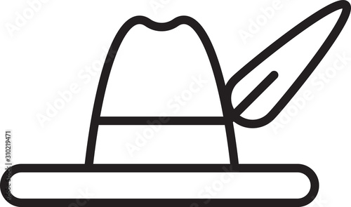 Black line Oktoberfest hat icon isolated on white background. Hunter hat with feather. German hat. Vector Illustration