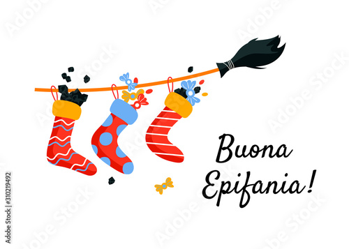 Good Epiphany. Greeting card with full socks of coals and sweets flying on broom. Befana italian Christmas holiday. photo