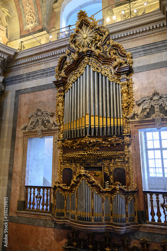 Close-up of pipe organ in Clerigos Church, Vitoria, Porto, Northern Portugal, Portugal