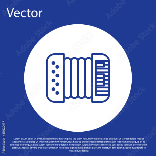 Blue line Musical instrument accordion icon isolated on blue background. Classical bayan, harmonic. White circle button. Vector Illustration