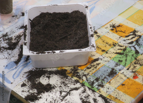 tavola di applicazioni nella scuola dell'infanzia con secchio di terra