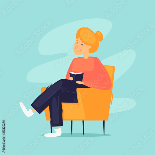 Weekend at home, girl reads a book while sitting in a chair. Flat design vector illustration.