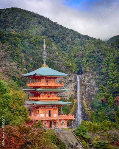 Wakayama, Japan - November 23, 2019: Beautiful view of Nachisan Seigantoji temple and Nachi no Taki waterfall at Nachi Katsuura Town