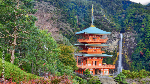 Beautiful view of Nachisan Seigantoji temple and Nachi no Taki waterfall at Nachi Katsuura Town