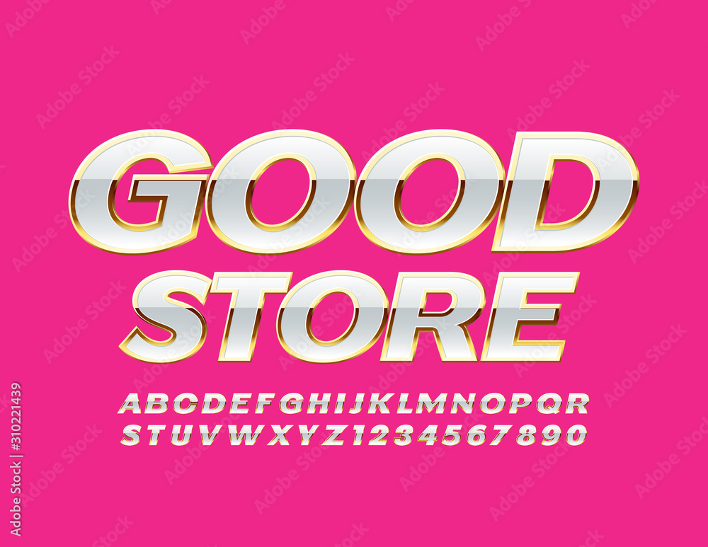 Vector chic emblem Good Store. White and Golden Alphabet Letters and Numbers. Shiny Luxury Font