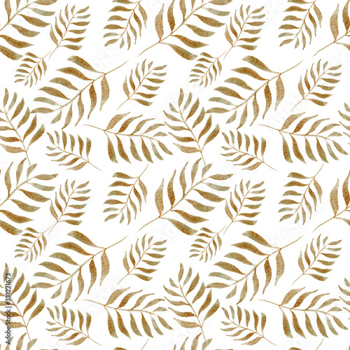 Seamless pattern with watercolor hand-drawn golden floral branches.