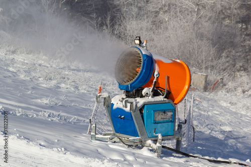 Snowmaking by snow cannon at Jaworzyna Krynicka Mountain Ski Area. Krynica-Zdroj Resort, Poland.