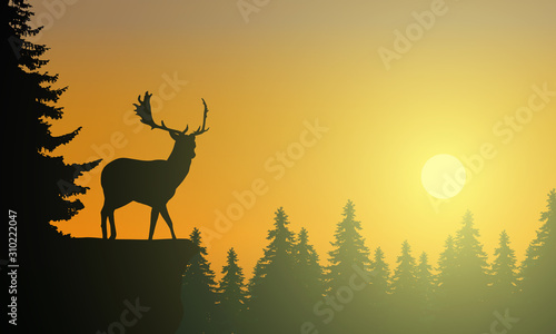 Realistic illustration of mountain landscape with silhouette of coniferous forest and deer under morning or evening orange sky with sunrise or sunset. Space for your text, vector © Forgem