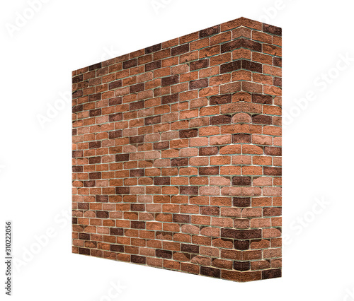 Brown brick wall perspective isolated on white background.