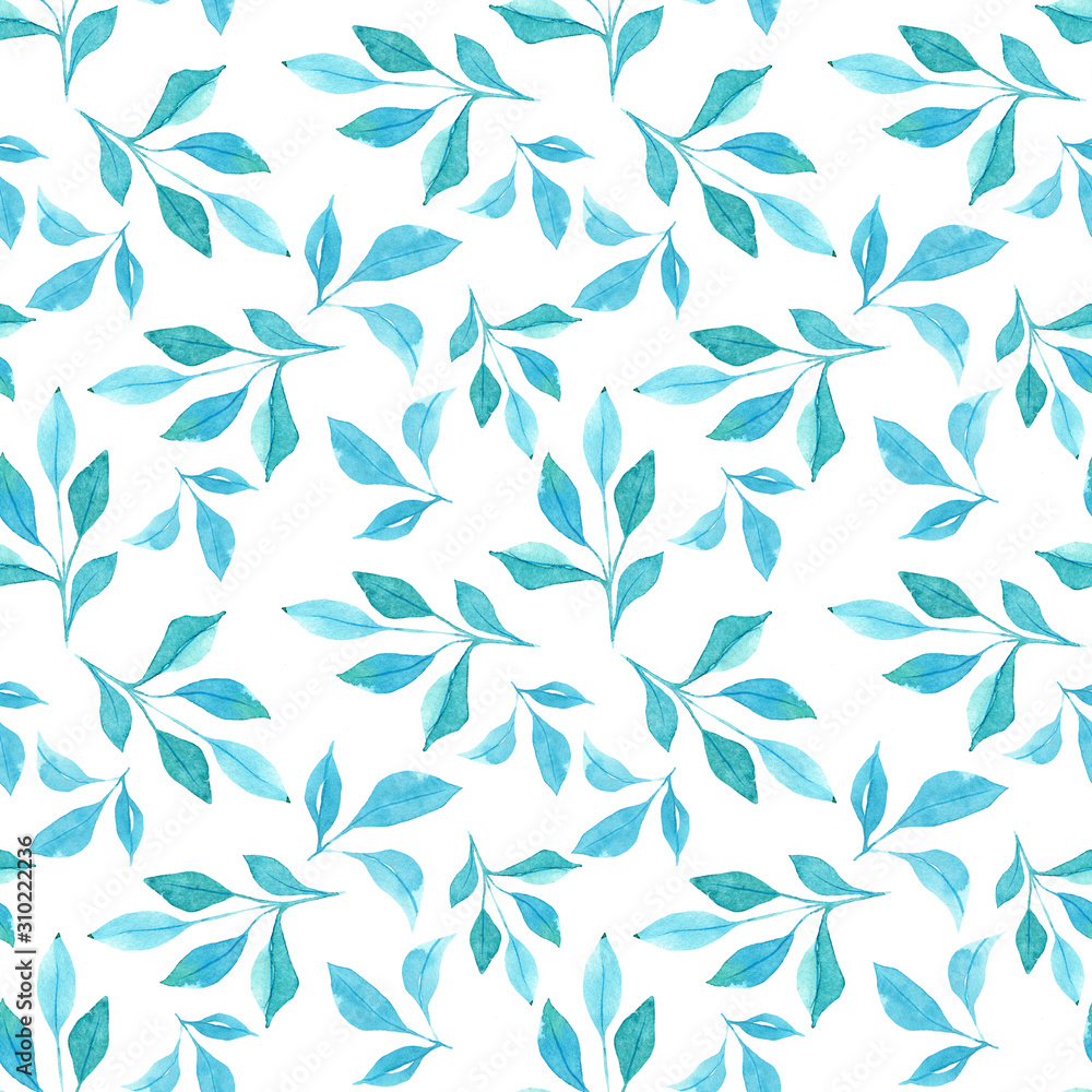 Seamless pattern with watercolor hand-drawn blue leaves. Floral background.