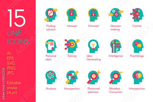 Human mind processes flat vector icons set