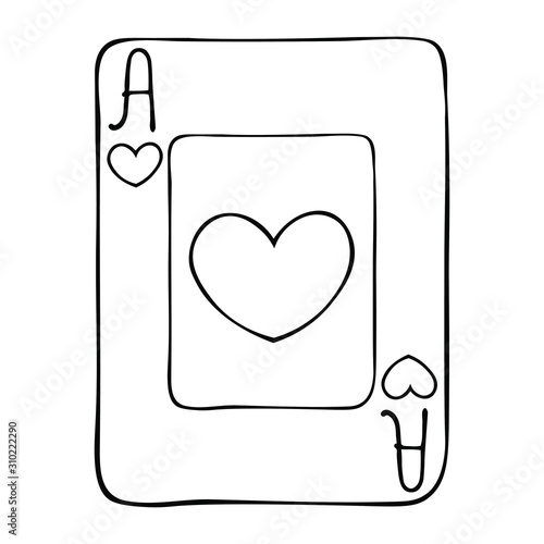 Card playing ace of hearts. Face. Divination. Magic tricks. Poker. Bridge. For coloring.