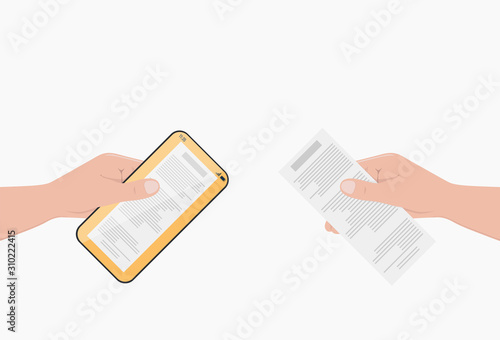 Digital bill for mobile payment. Consumer holding in hands smartphone and check to pay for online goods. Vector illustration