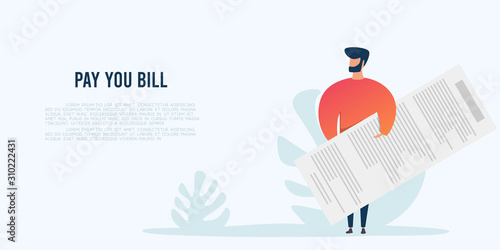 Man hold receipt bill paper invoice, design template, flat vector illustration