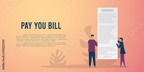 Receipt bill and people with paper invoice, design template, flat vector illustration