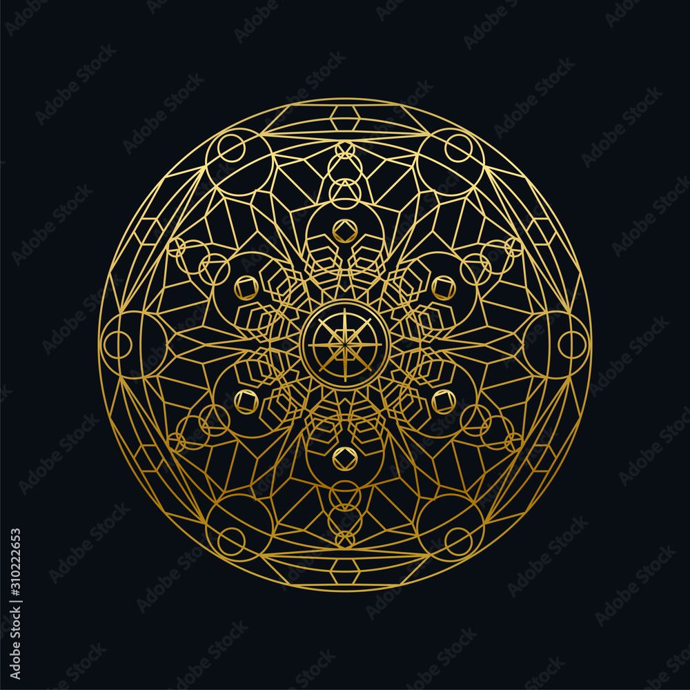 Golden ink geometric mandala linear vector illustration