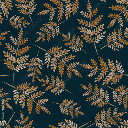 Golden fern branches. Watercolor hand drawn seamless pattern.