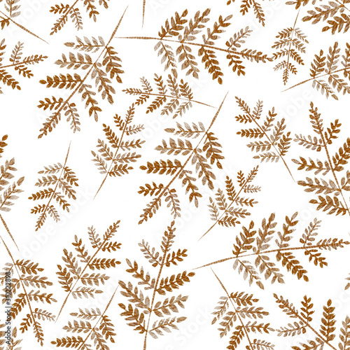 Golden fern branches. Watercolor hand drawn seamless pattern.