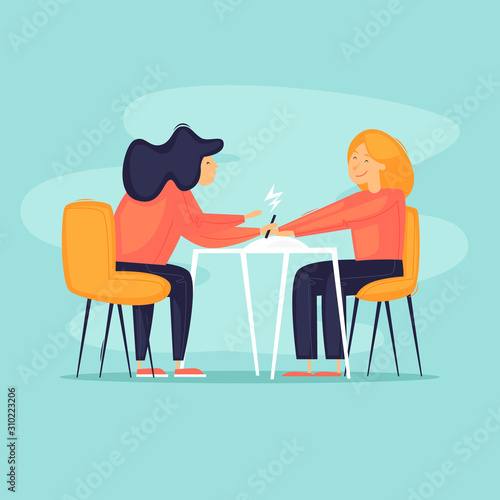 Woman doing manicure, beauty salon. Flat design vector illustration.	