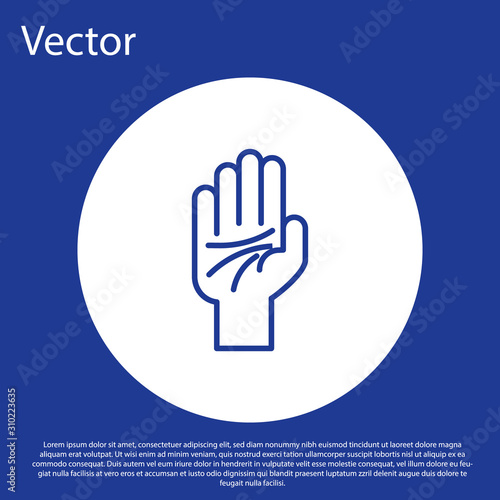Blue line Palmistry of the hand icon isolated on blue background. White circle button. Vector Illustration
