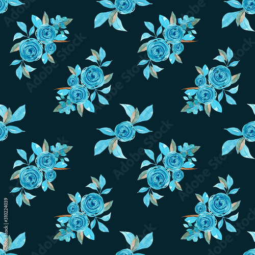 Seamless pattern with watercolor hand drawn blue and golden flower and leaves.