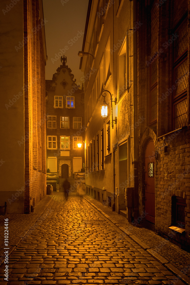 Dziana Street at night in Old Town of Gdansk. Poland, Europe