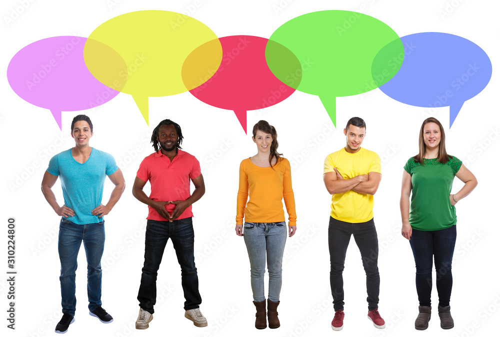 Naklejka premium Group of people talking multicultural multi ethnic speech bubble copyspace copy space