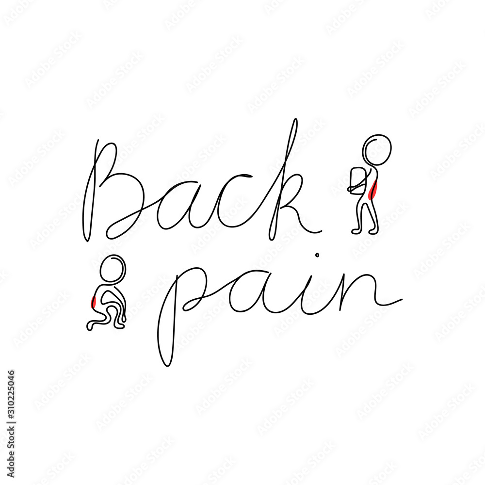 Back pain concept. Simple stick figures illustration with text for using in card, banner, brochure. Vector illustration