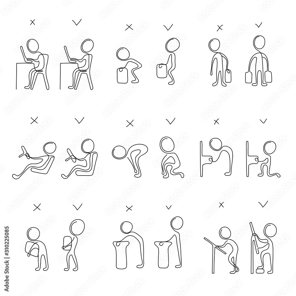 Collection of correct and poor postures during everyday people activities. Simple stick figure for using in card, banner, brochure. Vector illustration Collection of correct and poor postures during everyday people activities. Simple stick figure for using in card, banner, brochure. Vector illustration