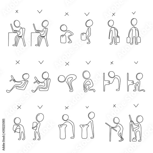 Collection of correct and poor postures during everyday people activities. Simple stick figure for using in card, banner, brochure. Vector illustration