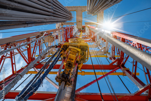 Drilling rig in oil field for drilled into subsurface in order to produced crude, inside view. Petroleum Industry. Onshore drilling rig.