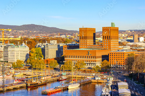 Aeriel view at harbour of Oslo with famous city hall at sunrise, Norway photo